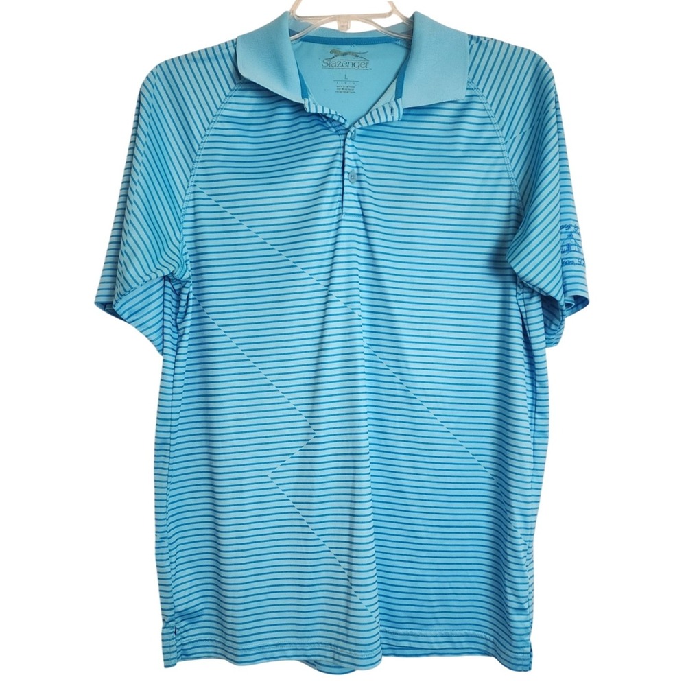 Slazenger Polo Golf Shirt Mens Large Short Sleeve Turquoise Blue Striped Logo‎
